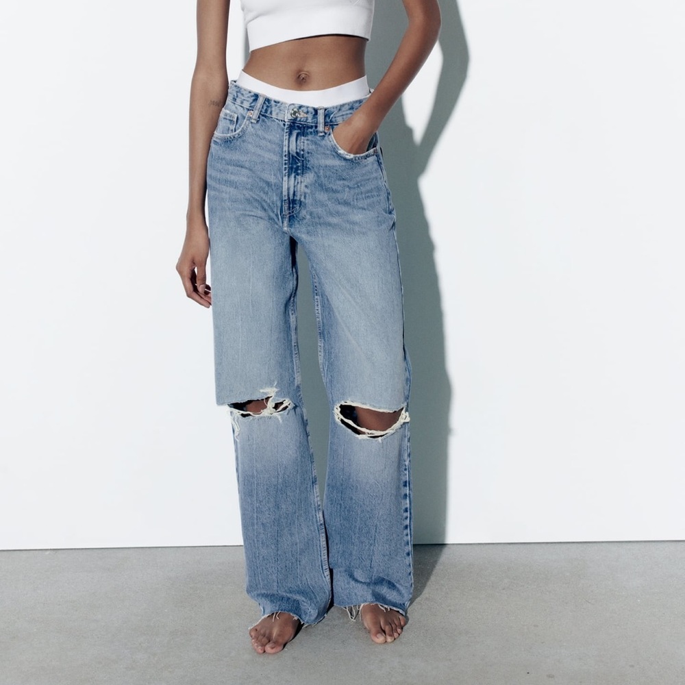 Zara High Rise Wide Leg Ripped Jeans